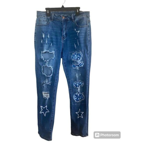 Denim - Jean Wear Destressed Star Patriotic Jeans Sz.L